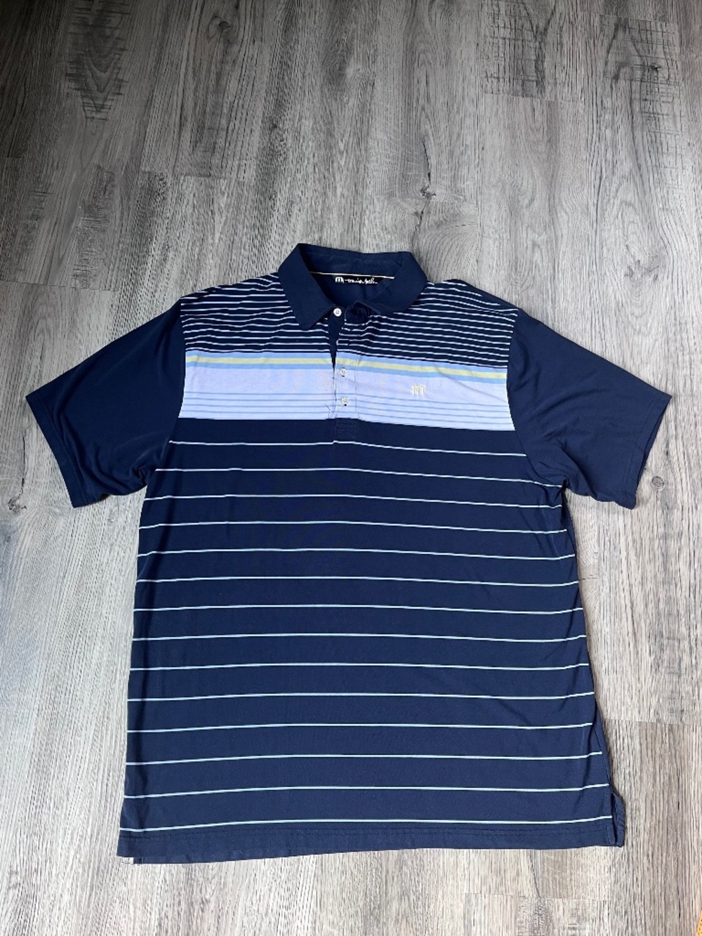 Travis Mathews Mens XXL Blue Striped Wicking Stretch Short Sleeve Golf Polo